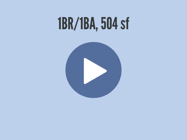 pale blue background with 1br/1ba, 504 sf text and a large blue play button