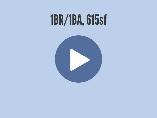 light blue background with dark text 1BR1BA, 615sf and a blue play button