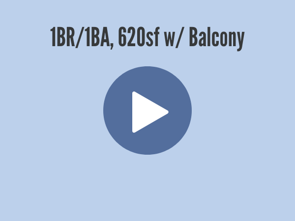 blue background with 1br 1ba 620sf w balcony text and a play button