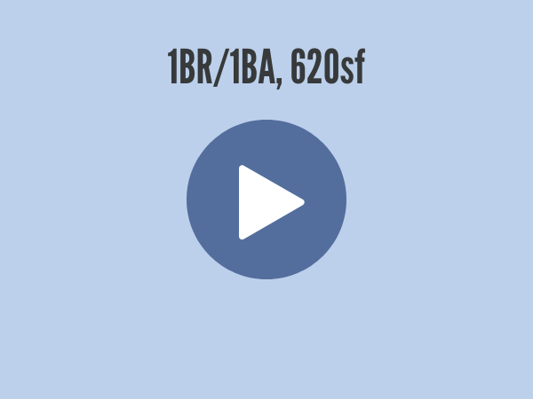 blue background with 1BR1BA, 620sf text and a play button