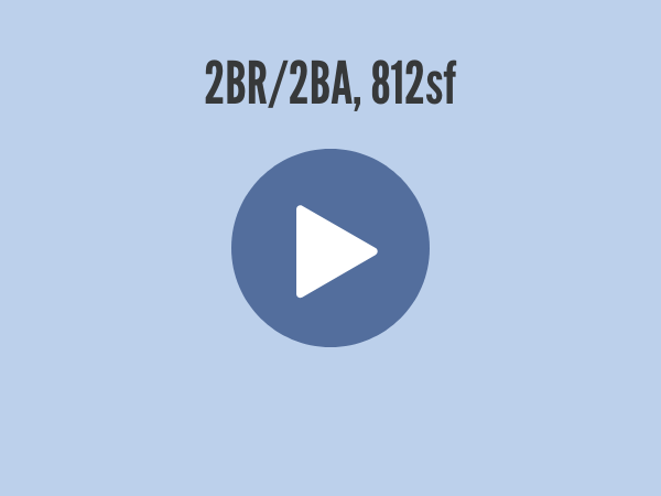 blue background with 2BR2BA, 812sf text and a play button