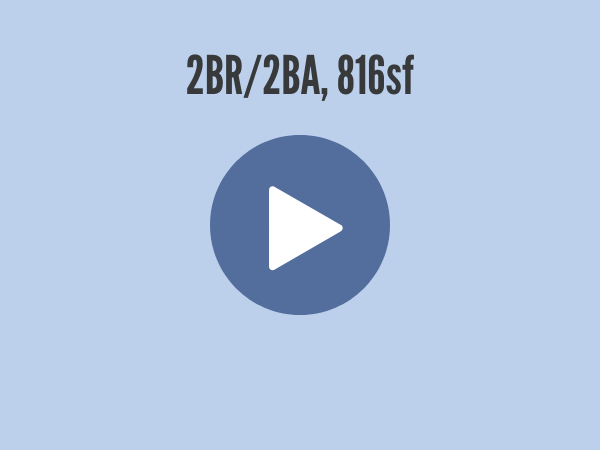 blue background with 2BR2BA, 816sf text and a play button