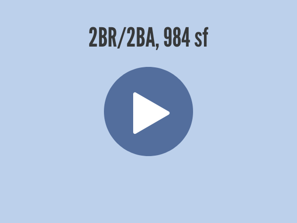 blue background with 2BR2BA, 984 sf text and a play button