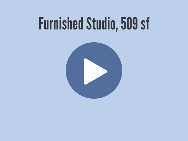 blue background with Furnished Studio, 509 sf text and a play button