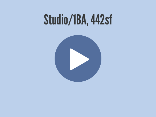 blue background with Studio1BA, 442sf text and a play button