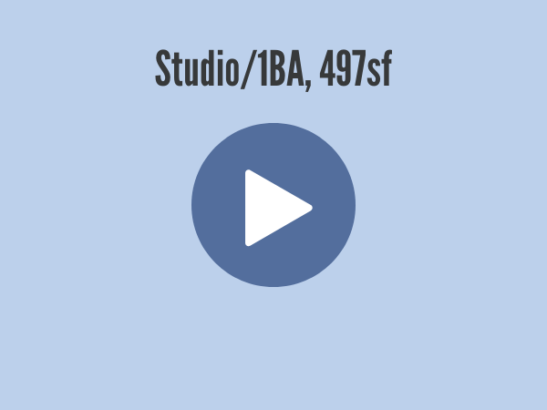 blue background with Studio1BA, 497sf text and a play button